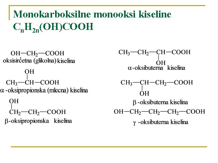 Monokarboksilne monooksi kiseline Cn. H 2 n(OH)COOH 