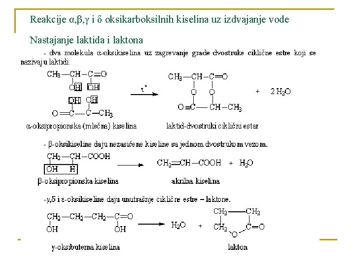 Reakcije α, β, γ i δ oksikarboksilnih kiselina uz izdvajanje vode Nastajanje laktida i