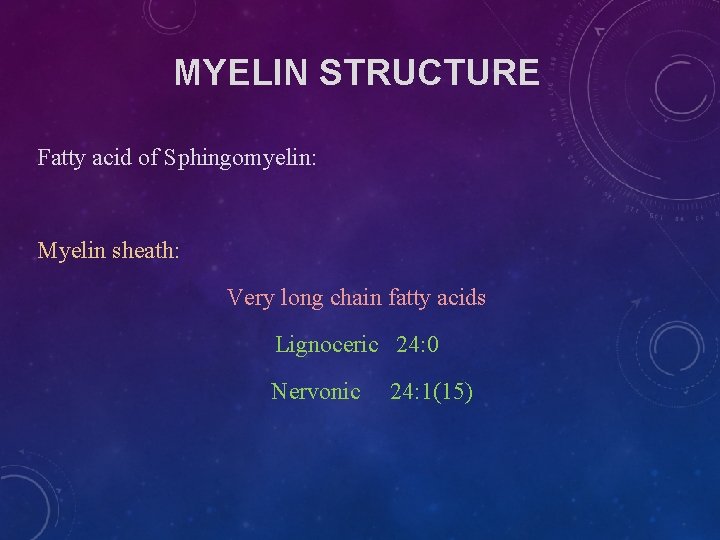 MYELIN STRUCTURE Fatty acid of Sphingomyelin: Myelin sheath: Very long chain fatty acids Lignoceric MYELIN STRUCTURE Fatty acid of Sphingomyelin: Myelin sheath: Very long chain fatty acids Lignoceric