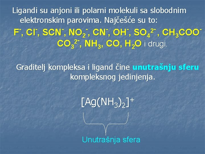 Ligandi su anjoni ili polarni molekuli sa slobodnim elektronskim parovima. Najčešće su to: -