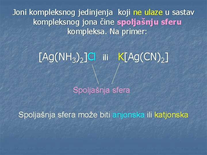 Joni kompleksnog jedinjenja koji ne ulaze u sastav kompleksnog jona čine spoljašnju sferu kompleksa.