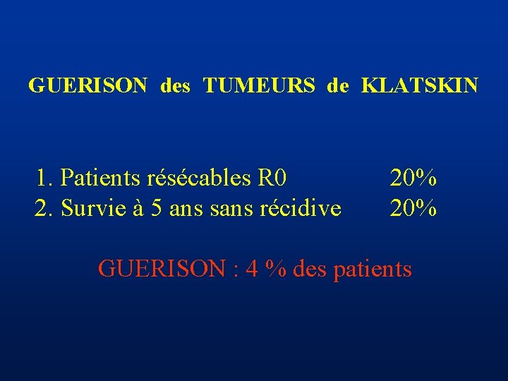 GUERISON des TUMEURS de KLATSKIN 1. Patients résécables R 0 2. Survie à 5