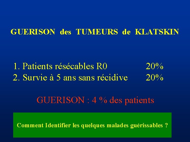 GUERISON des TUMEURS de KLATSKIN 1. Patients résécables R 0 2. Survie à 5