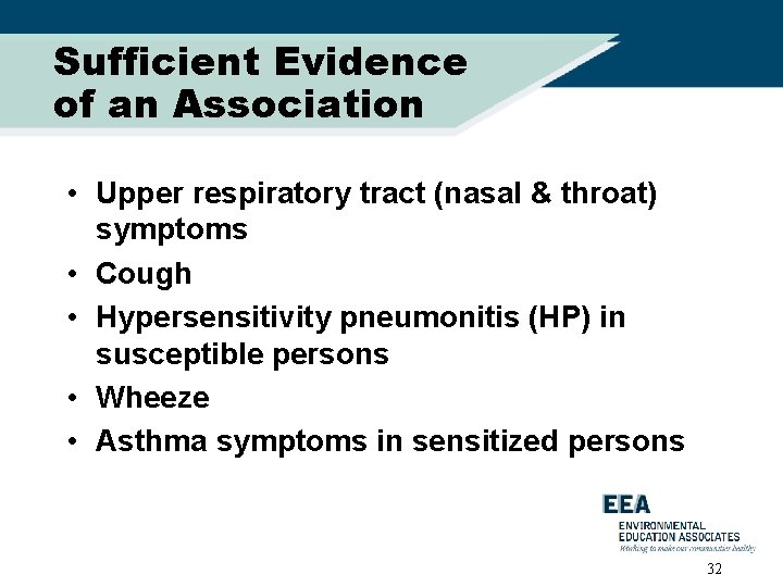 Sufficient Evidence of an Association • Upper respiratory tract (nasal & throat) symptoms •