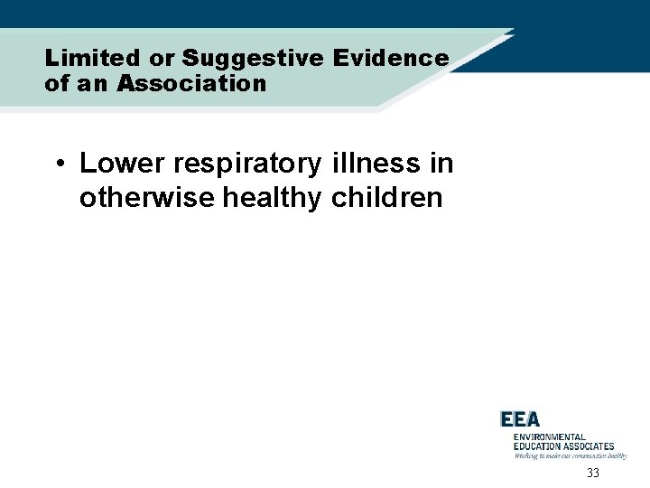 Limited or Suggestive Evidence of an Association • Lower respiratory illness in otherwise healthy