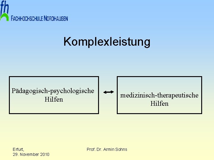 Komplexleistung Pädagogisch-psychologische Hilfen Erfurt, 29. November 2010 medizinisch-therapeutische Hilfen Prof. Dr. Armin Sohns 