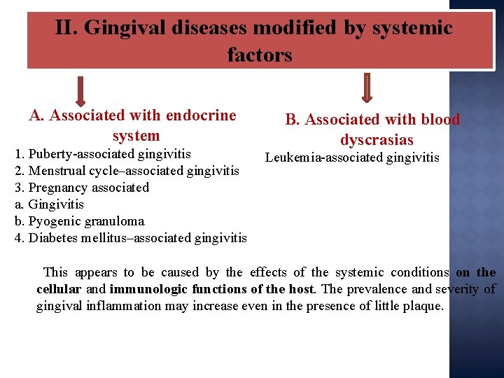 II. Gingival diseases modified by systemic factors A. Associated with endocrine system 1. Puberty-associated II. Gingival diseases modified by systemic factors A. Associated with endocrine system 1. Puberty-associated