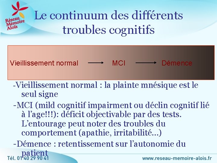 Le continuum des différents troubles cognitifs Vieillissement normal MCI Démence -Vieillissement normal : la