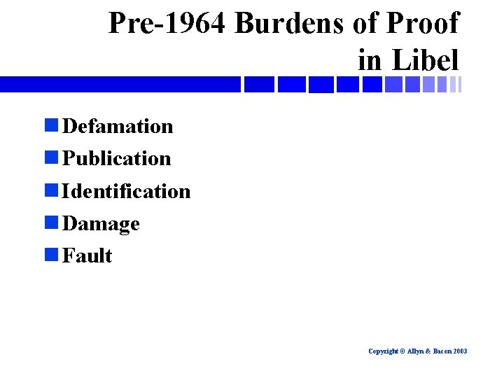 Pre-1964 Burdens of Proof in Libel n Defamation n Publication n Identification n Damage