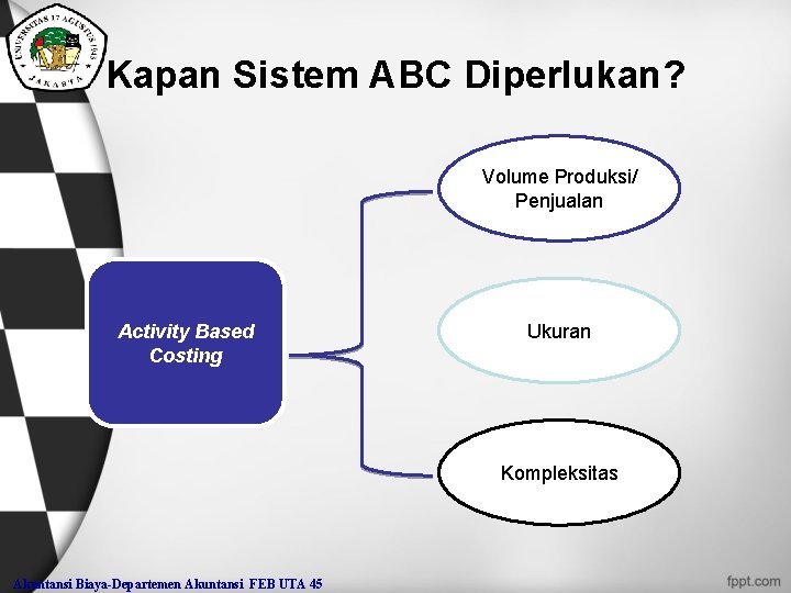 Kapan Sistem ABC Diperlukan? Volume Produksi/ Penjualan Activity Based Costing Ukuran Kompleksitas Akuntansi Biaya-Departemen