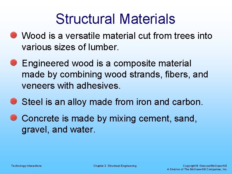 Structural Materials Wood is a versatile material cut from trees into various sizes of