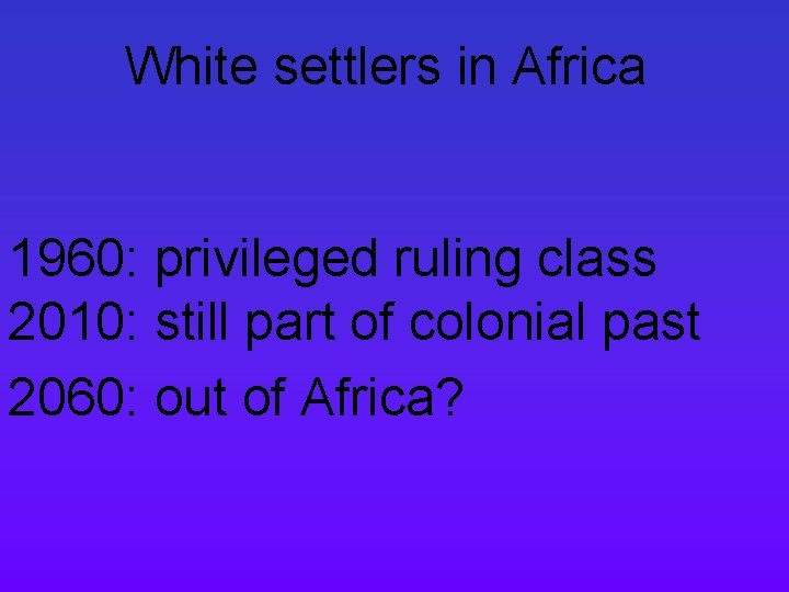 White settlers in Africa 1960: privileged ruling class 2010: still part of colonial past