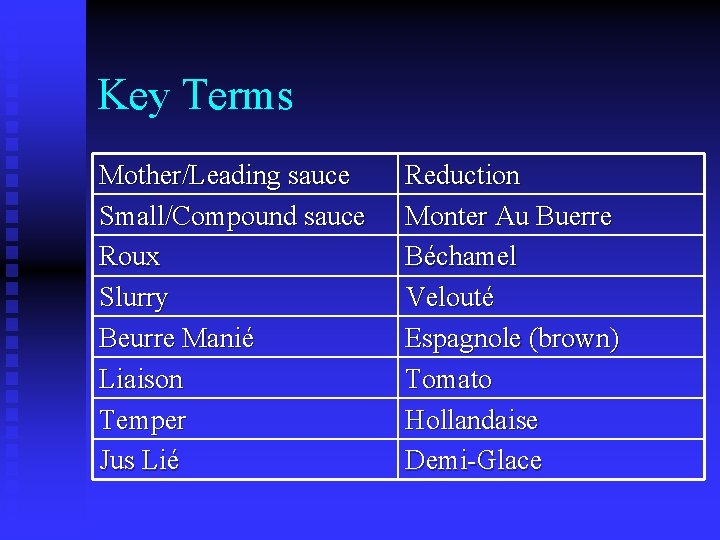 Key Terms Mother/Leading sauce Small/Compound sauce Roux Slurry Beurre Manié Liaison Temper Jus Lié