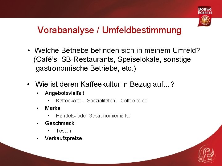 Vorabanalyse / Umfeldbestimmung • Welche Betriebe befinden sich in meinem Umfeld? (Café‘s, SB-Restaurants, Speiselokale,