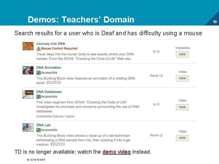 Demos: Teachers’ Domain Search results for a user who is Deaf and has difficulty