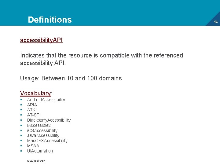 Definitions accessibility. API Indicates that the resource is compatible with the referenced accessibility API.