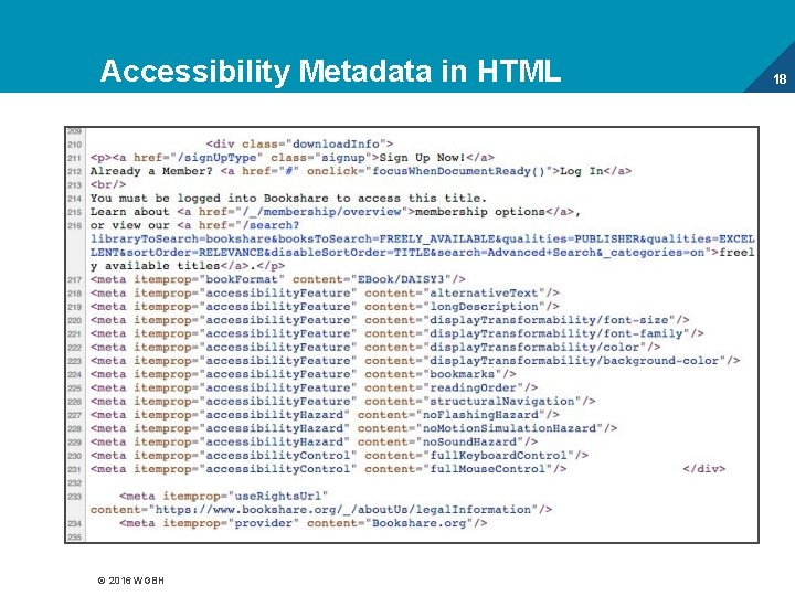 Accessibility Metadata in HTML © 2016 WGBH 18 
