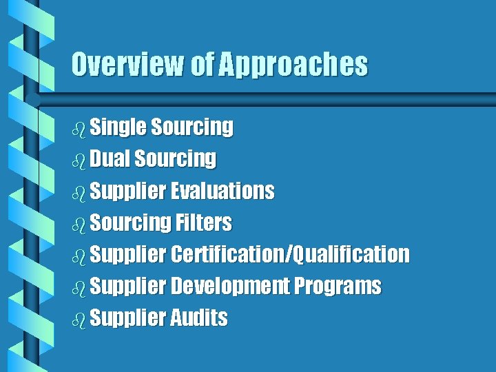 Overview of Approaches b Single Sourcing b Dual Sourcing b Supplier Evaluations b Sourcing