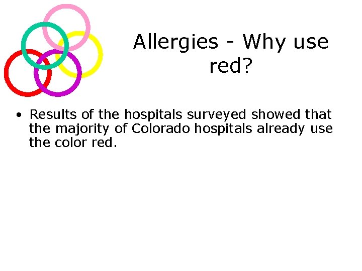 Allergies - Why use red? • Results of the hospitals surveyed showed that the