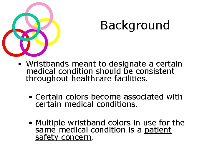 Background • Wristbands meant to designate a certain medical condition should be consistent throughout