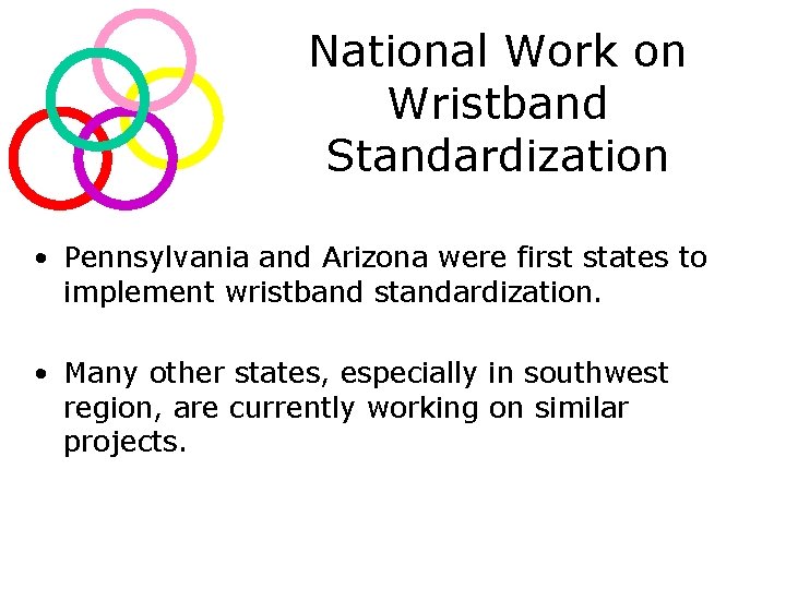 National Work on Wristband Standardization • Pennsylvania and Arizona were first states to implement