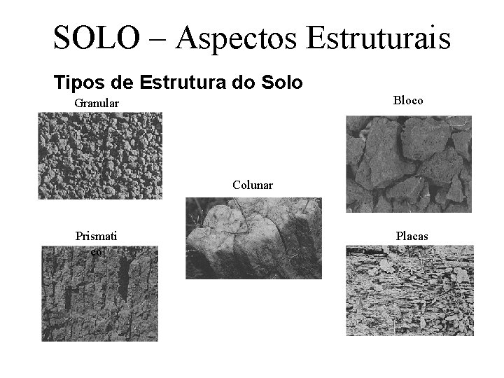 SOLO – Aspectos Estruturais Tipos de Estrutura do Solo Bloco Granular Colunar Prismati co