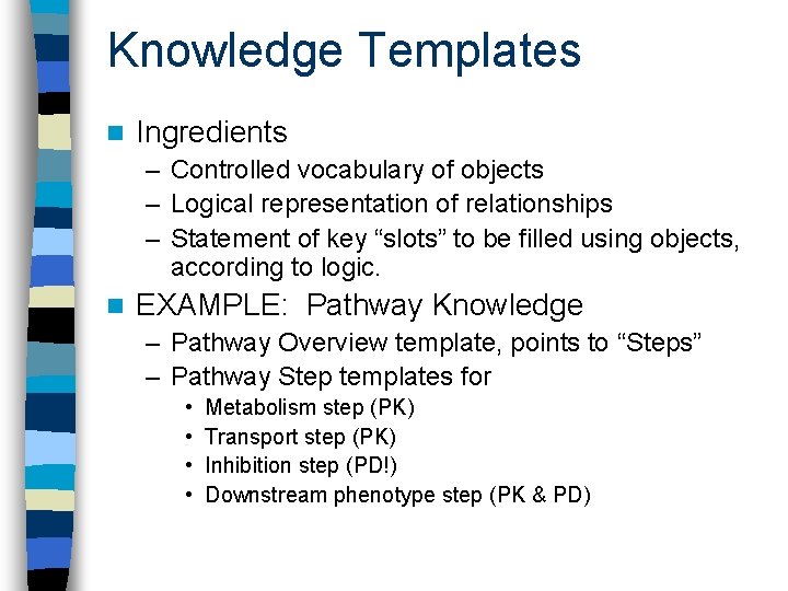 Knowledge Templates n Ingredients – Controlled vocabulary of objects – Logical representation of relationships