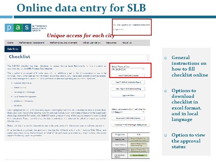 Online data entry for SLB Unique access for each city q q q General