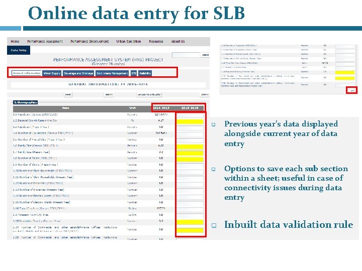 Online data entry for SLB q q q Previous year’s data displayed alongside current