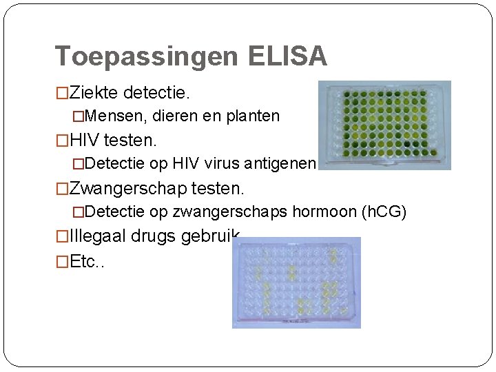 Toepassingen ELISA �Ziekte detectie. �Mensen, dieren en planten �HIV testen. �Detectie op HIV virus