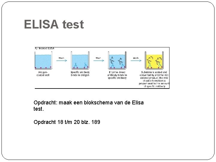 ELISA test Opdracht: maak een blokschema van de Elisa test. Opdracht 18 t/m 20