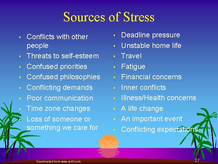 Sources of Stress s s s s Conflicts with other people Threats to self-esteem