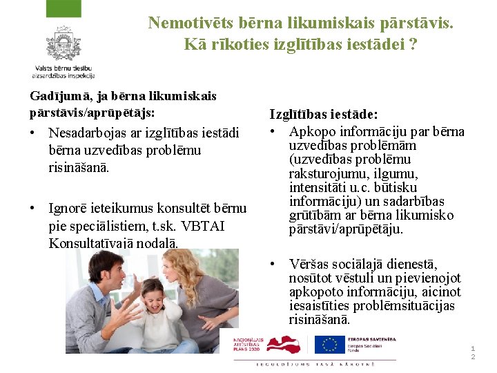 Nemotivēts bērna likumiskais pārstāvis. Kā rīkoties izglītības iestādei ? Gadījumā, ja bērna likumiskais pārstāvis/aprūpētājs: