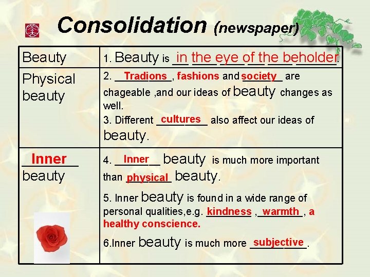 Consolidation (newspaper) Beauty Physical beauty 1. Beauty is __ in the ___eye ___of__the ___