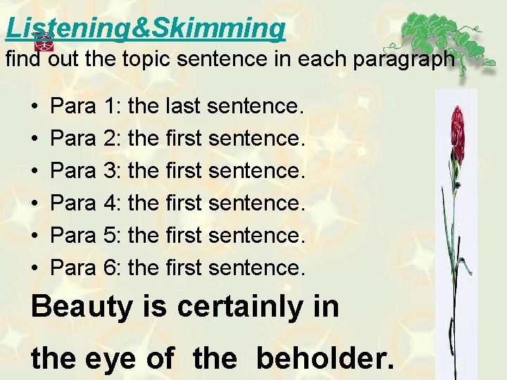 Listening&Skimming find out the topic sentence in each paragraph • • • Para 1: