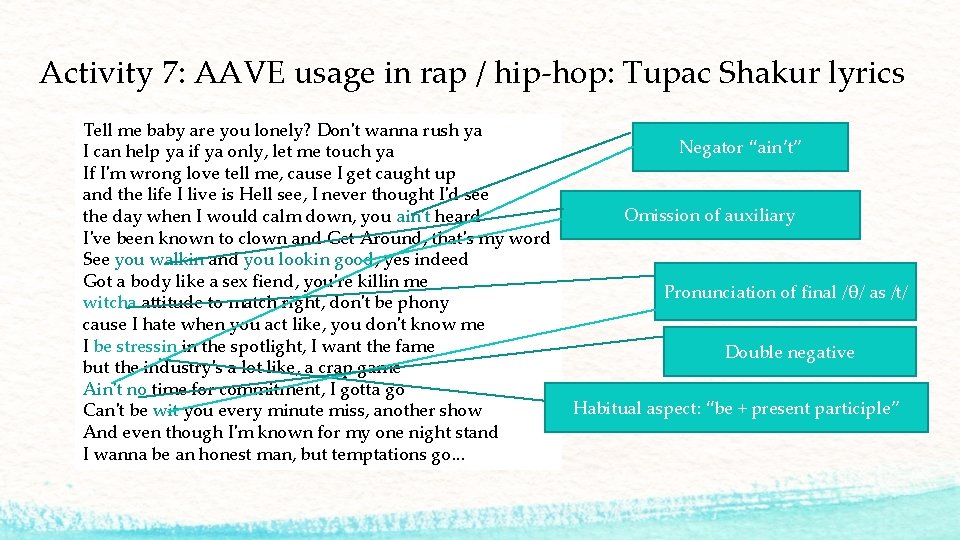 Activity 7: AAVE usage in rap / hip-hop: Tupac Shakur lyrics Tell me baby