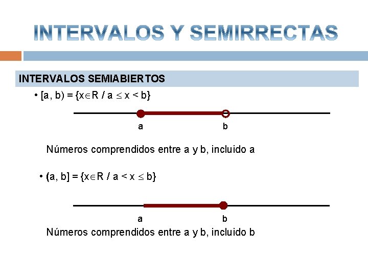 INTERVALOS SEMIABIERTOS • [a, b) = {x R / a x < b} a