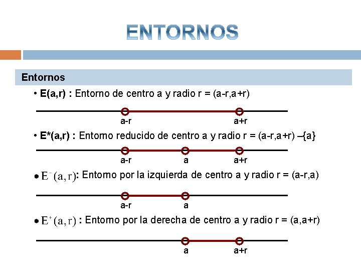 Entornos • E(a, r) : Entorno de centro a y radio r = (a-r,