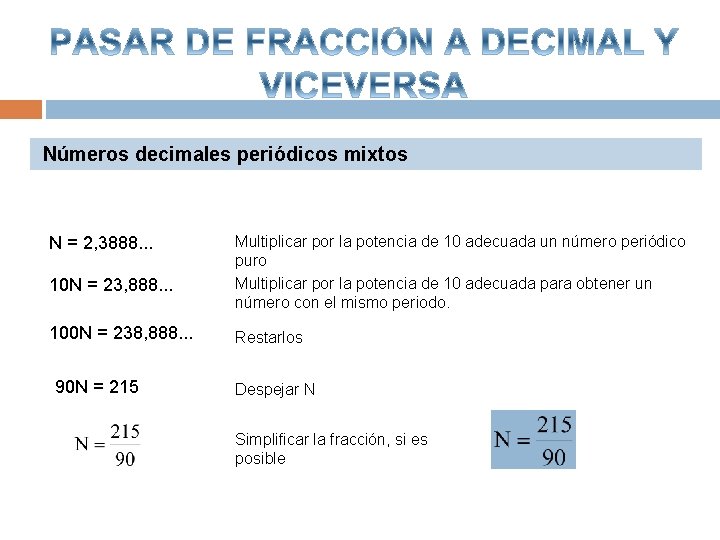 Números decimales periódicos mixtos N = 2, 3888. . . 10 N = 23,