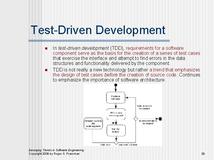 Test-Driven Development n n In test-driven development (TDD), requirements for a software component serve