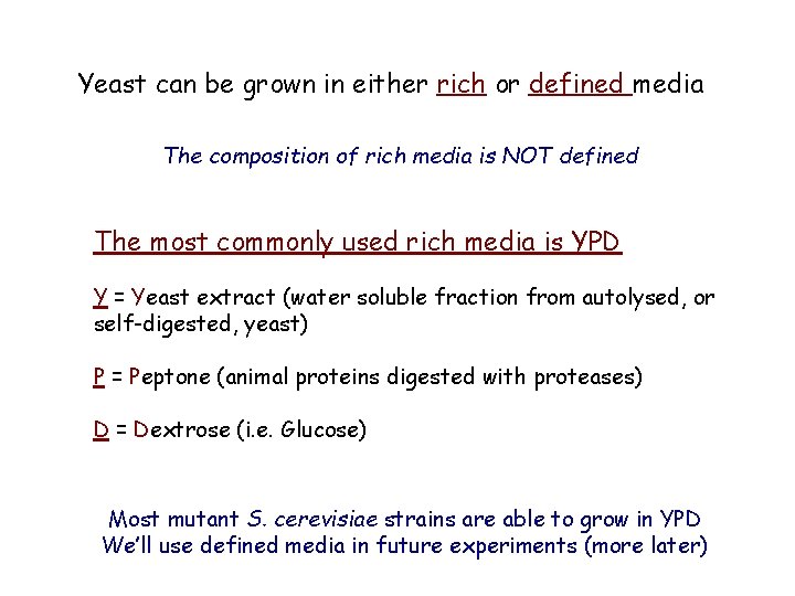 Yeast can be grown in either rich or defined media The composition of rich