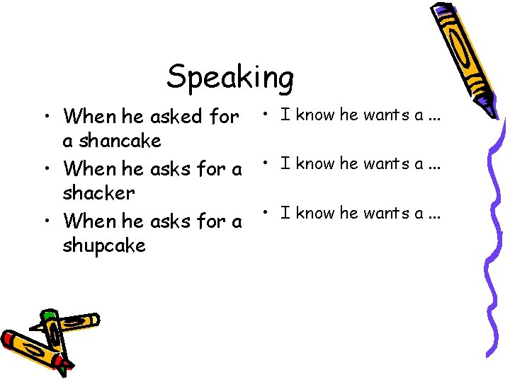 Speaking • When he asked for a shancake • When he asks for a