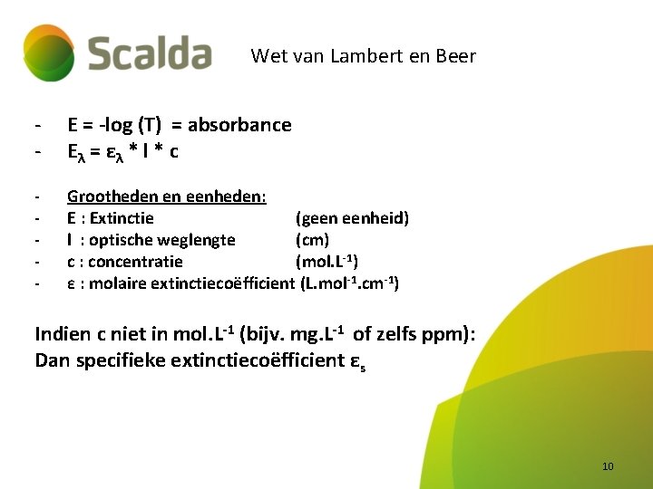 Wet van Lambert en Beer - E = -log (T) = absorbance E λ