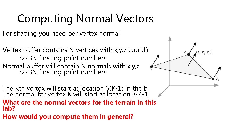 Computing Normal Vectors For shading you need per vertex normal Vertex buffer contains N