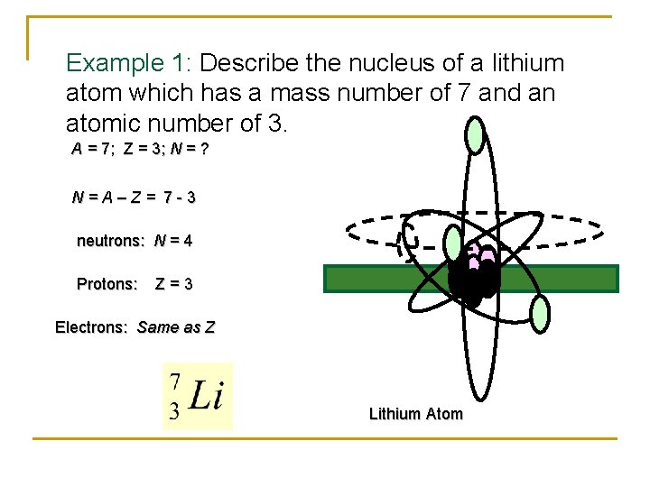 Example 1: Describe the nucleus of a lithium atom which has a mass number