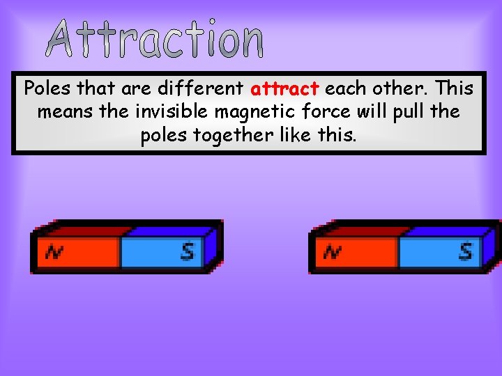 Poles that are different attract each other. This means the invisible magnetic force will