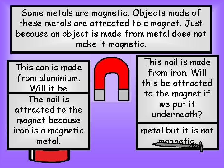 Some metals are magnetic. Objects made of these metals are attracted to a magnet.