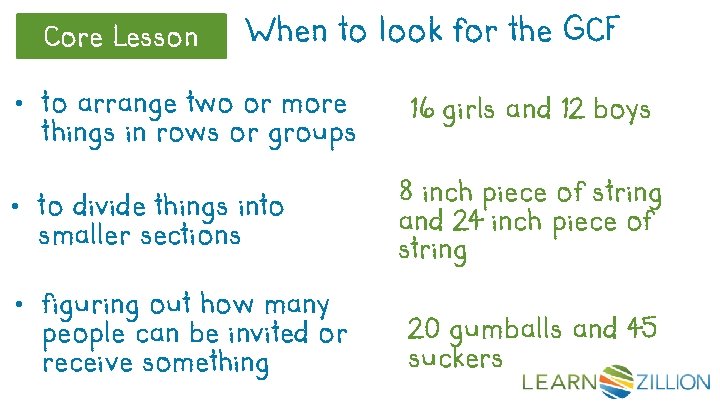 Core Lesson When to look for the GCF • to arrange two or more