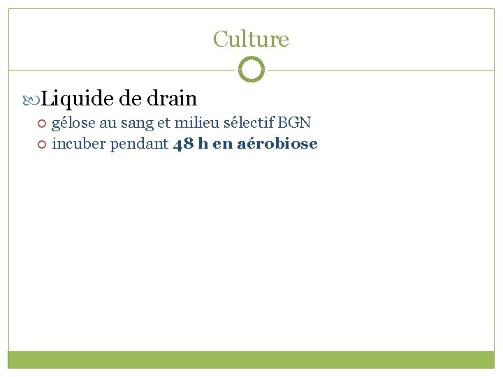 Culture Liquide de drain gélose au sang et milieu sélectif BGN incuber pendant 48