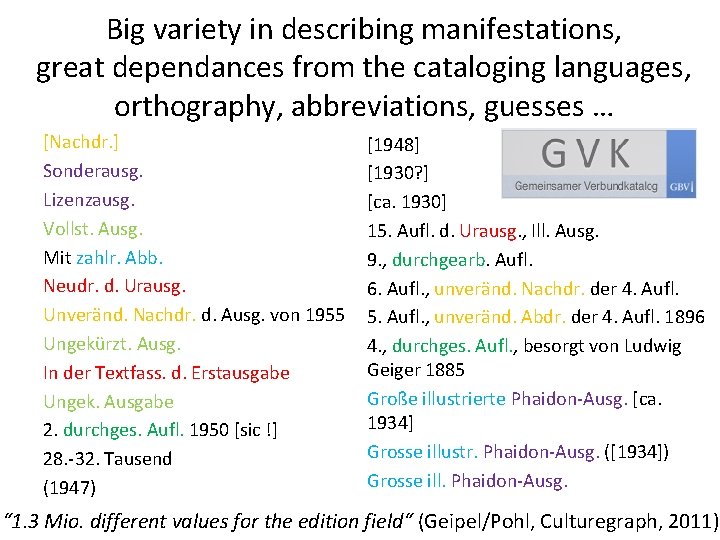 Big variety in describing manifestations, great dependances from the cataloging languages, orthography, abbreviations, guesses